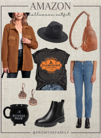 Amazon Outfit Halloween Hocus Pocus Sanderson Sisters Tee, camel colored sherpa shacked, black boots, halloween accesories