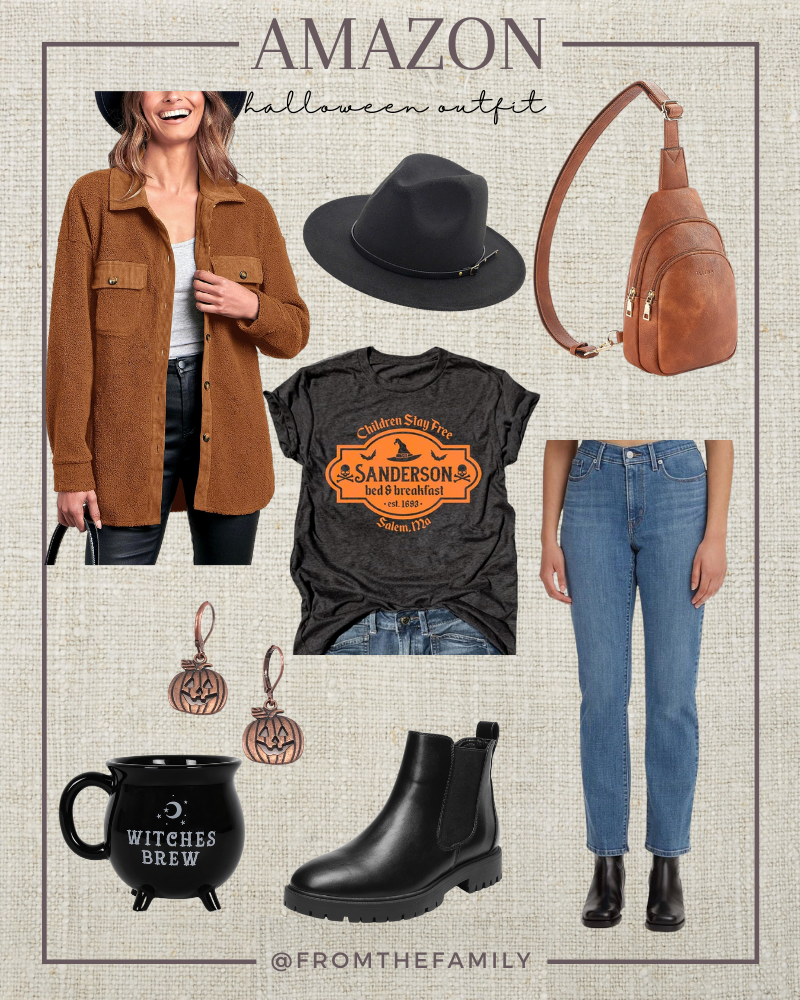 Amazon Outfit Halloween Hocus Pocus Sanderson Sisters Tee, camel colored sherpa shacked, black boots, halloween accesories
