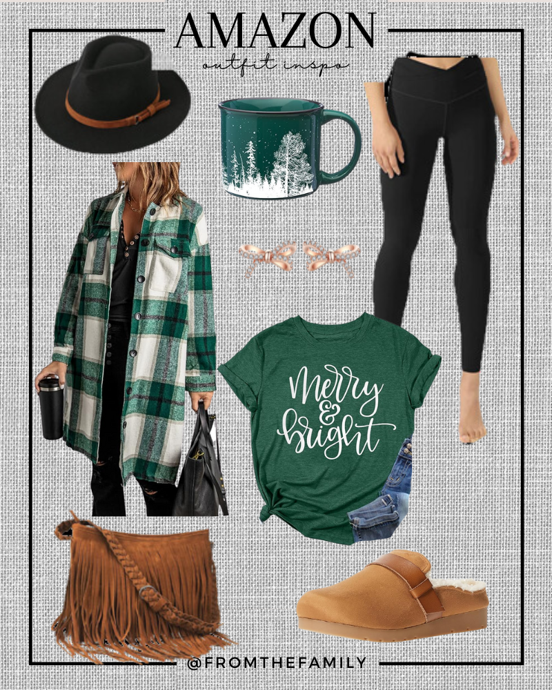 Amazon Outfit // Holiday Merry and Bright Tee Outfit with green plaid shacket