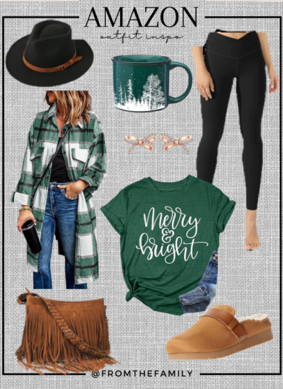 Amazon Outfit // Holiday Merry and Bright Tee Outfit with green plaid shacket