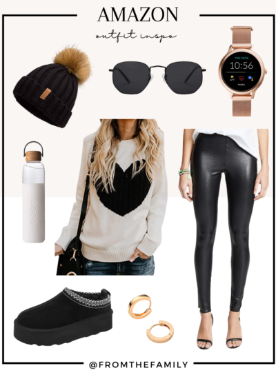 Amazon Outfit Valentine heart sweater in black and white with black faux leather leggings and black accessories