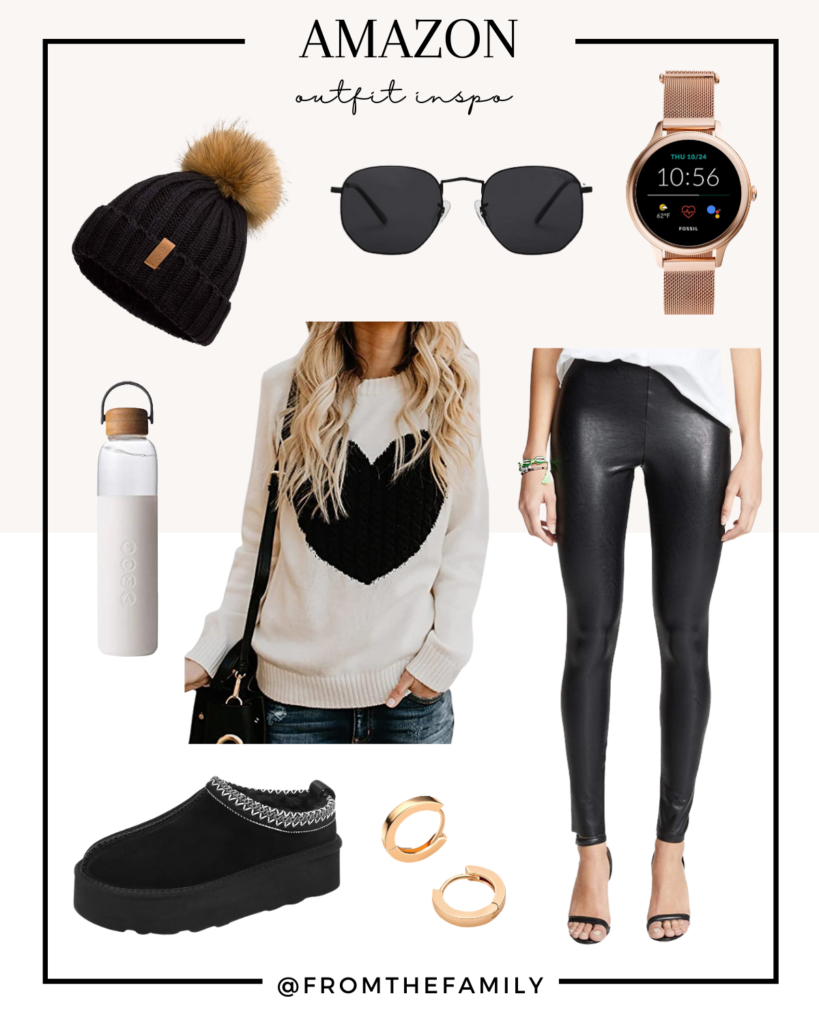 Amazon Outfit Valentine heart sweater in black and white with black faux leather leggings and black accessories 