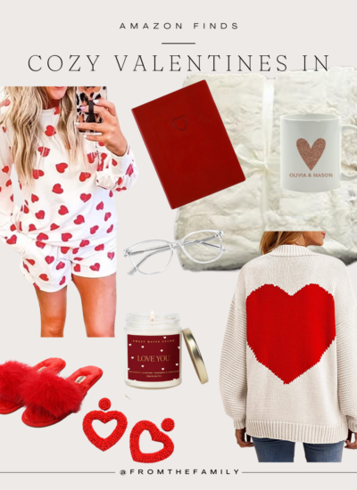 Amazon Outfit // Valentine heart pajamas with heart back cardigan and cozy red slippers heart earrings and fluffy ivory blanket throw