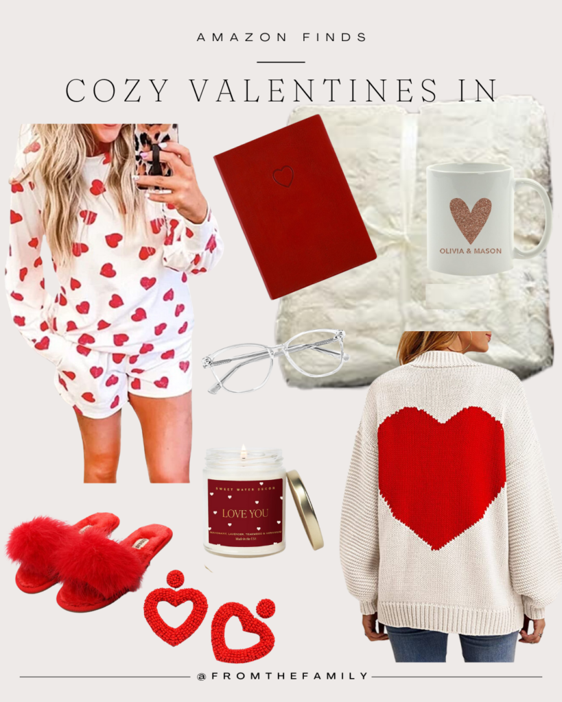 Amazon Outfit // Valentine heart pajamas with heart back cardigan and cozy red slippers heart earrings and fluffy ivory blanket throw