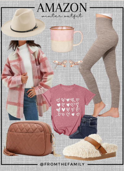 Amazon Outfit // Holiday Pink valentine heart Tee Outfit with pink plaid shacket