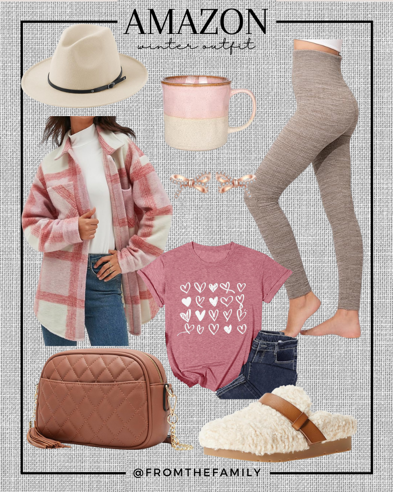 Amazon Outfit // Holiday Pink valentine heart Tee Outfit with pink plaid shacket