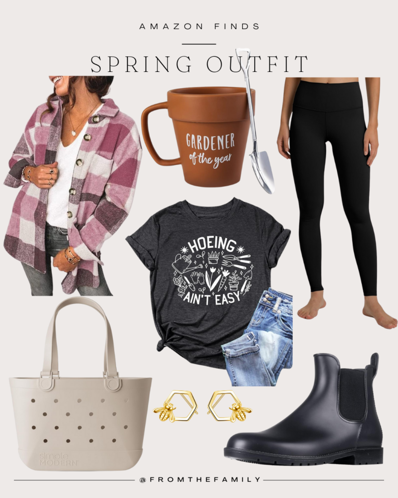 Amazon Outfit // Gardening Hoeing aint easy Tee Outfit with plum purple plaid shacket