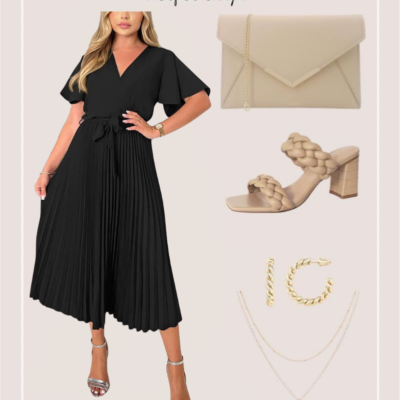 Black pleated summer dress outfit from Amazon with neutral accessories