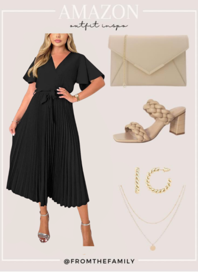 Black pleated summer dress outfit from Amazon with neutral accessories