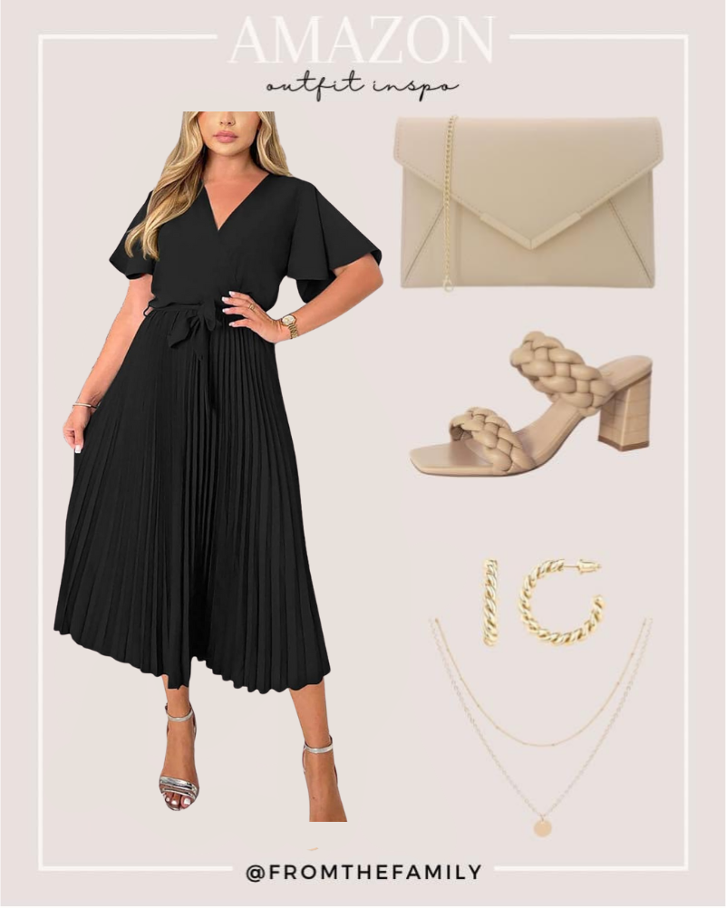 Black pleated summer dress outfit from Amazon with neutral accessories 