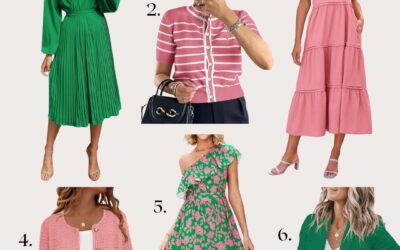 Amazon fashion finds Kelly green dress, Kelly green blazer, pink striped sweater, pink coatigan