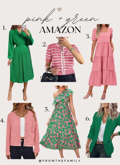 Amazon fashion finds Kelly green dress, Kelly green blazer, pink striped sweater, pink coatigan