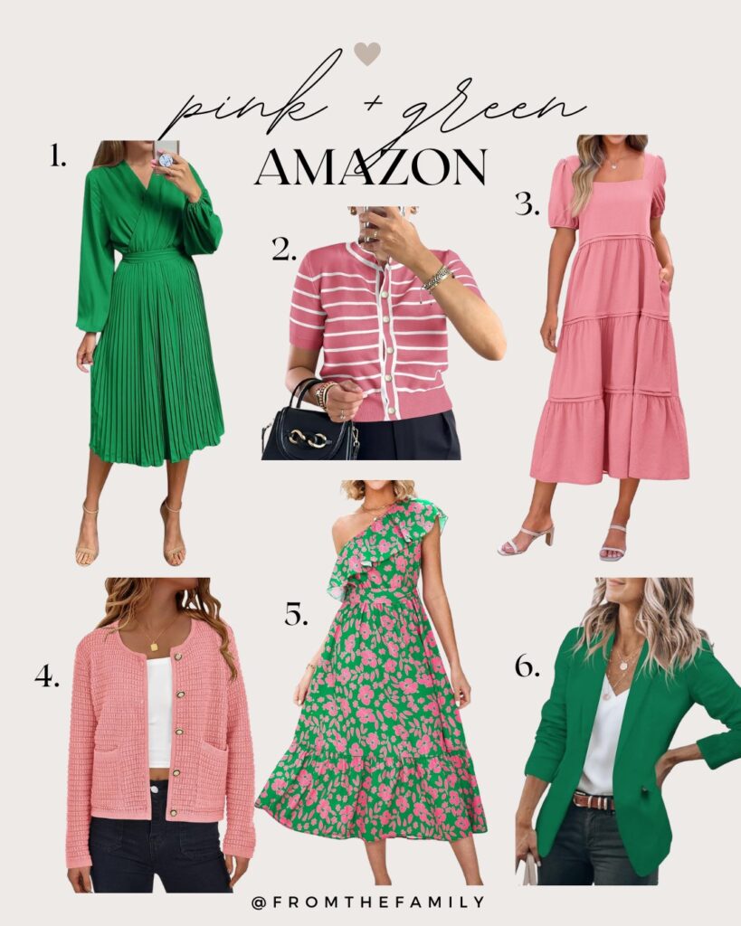 Amazon fashion finds Kelly green dress, Kelly green blazer, pink striped sweater, pink coatigan